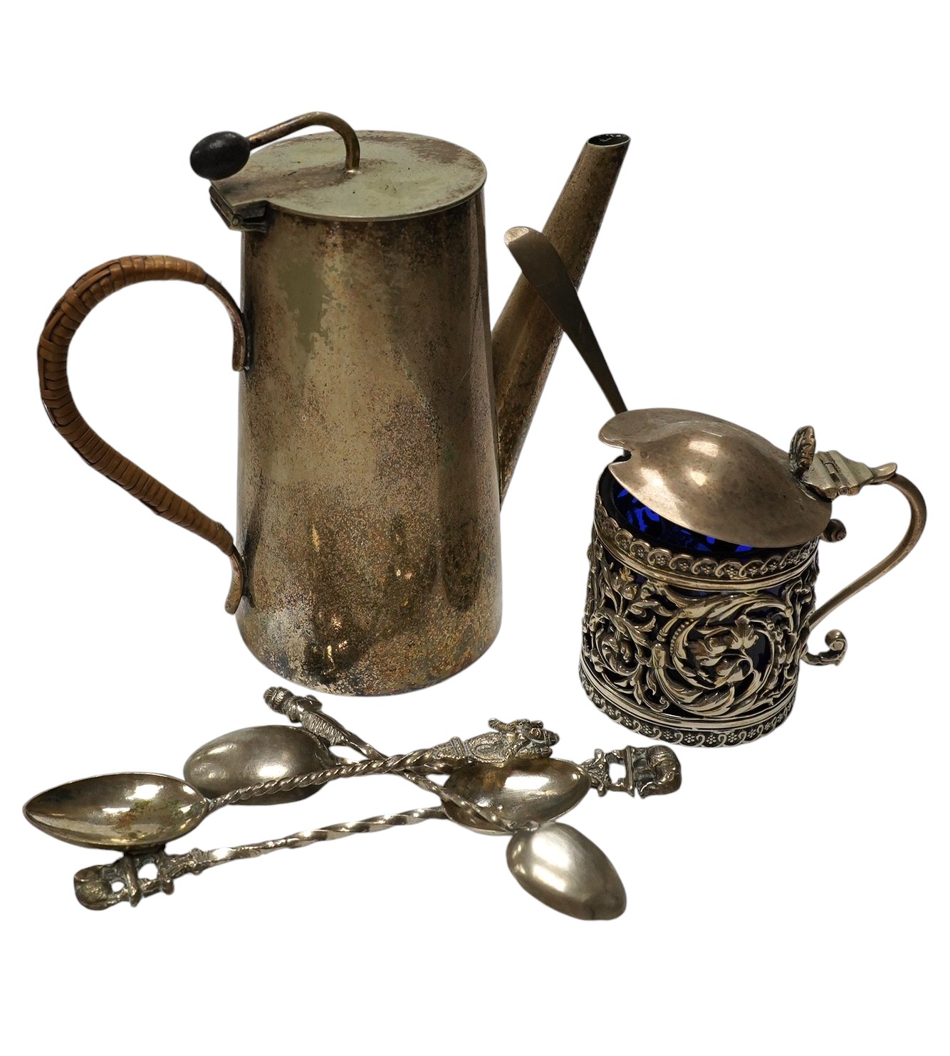 Small silver including a late Victorian pierced silver mustard pot, a small cream jug and oval trinket box, together with five metal spoons and a plated hot water jug. Condition - poor to fair